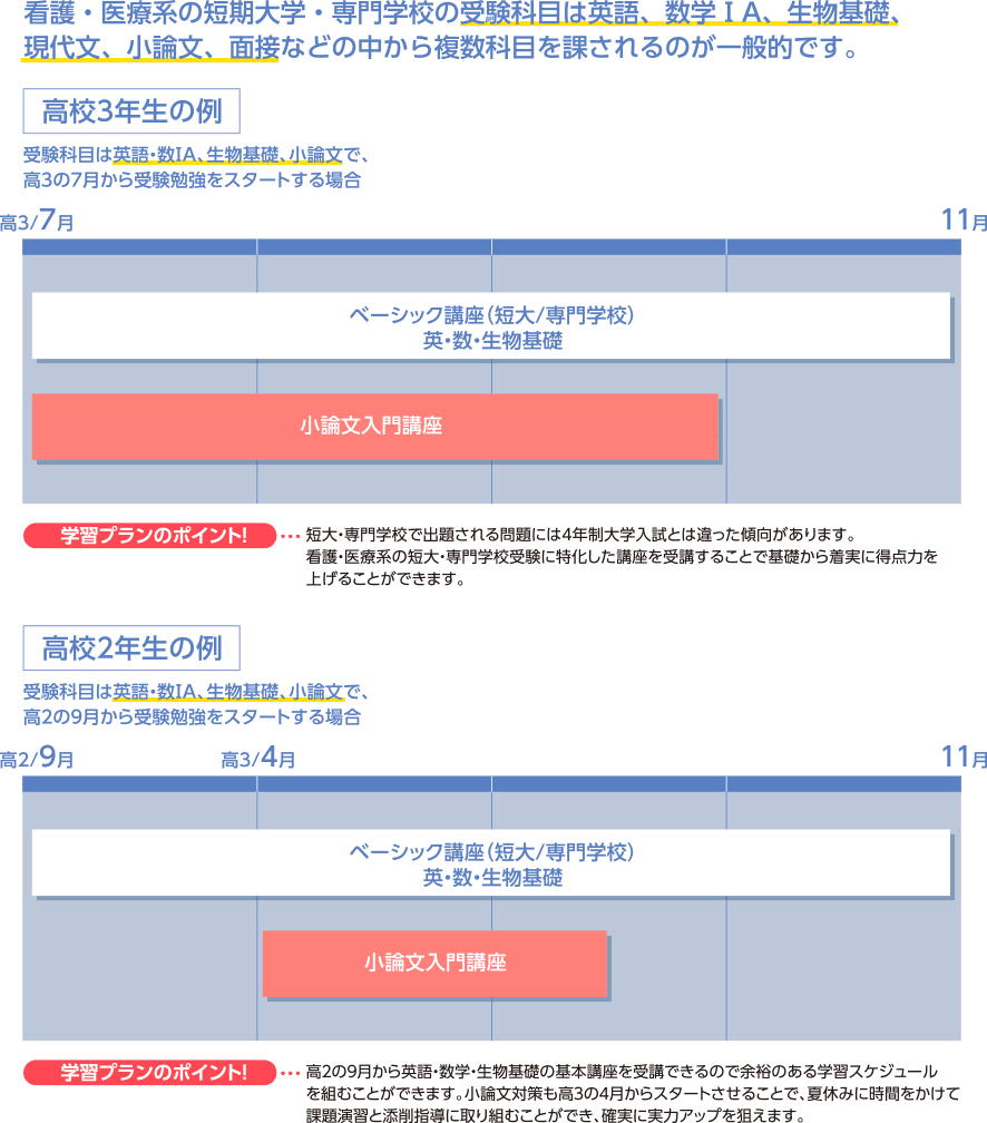 看護・医療系の短期大学・専門学校志望の学習スケジュールイメージ